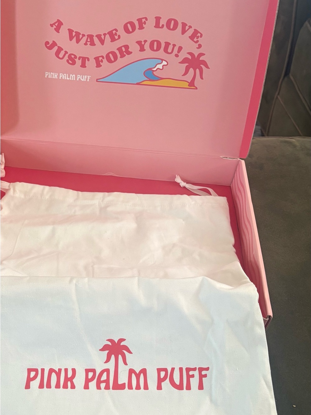 Pink Palm Puff white bag and box